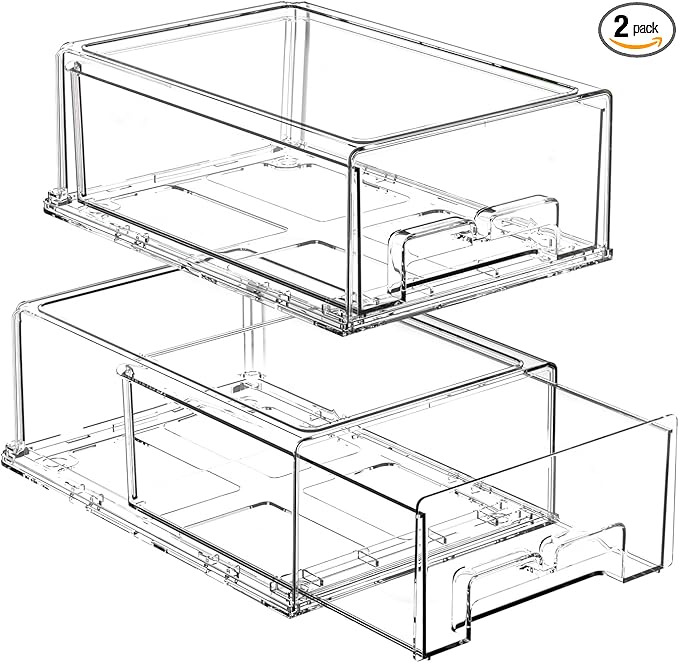 2 Pack Stackable Storage Drawers - Clear Refrigerator Drawers for Refrigerator Organizers and Storage, Acrylic Fridge Drawer Organizer with Handles for Bathroom, Undersink, Cabinet, Pantry, etc