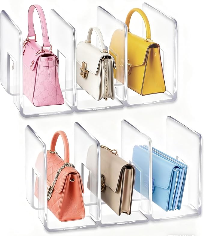 LUGUNU Acrylic Clear Purse Divider Organizer Clear Desk File Sorter Divider Mesh Folder Closet Shelf Storage Office Supplies Stand Holder Bookshelf (2 Pack of 3 Sections)