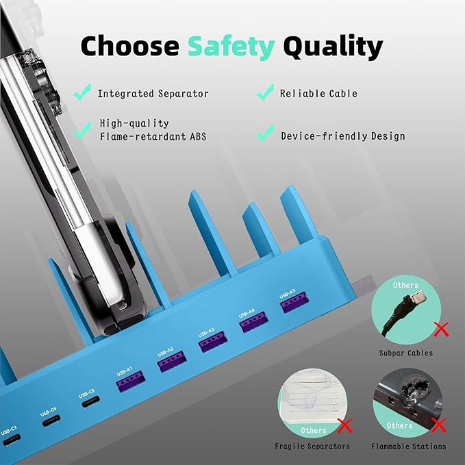 320W Charging Station for Multiple Devices, Zobirez 10-Port USB C Fast Charger Stations for MacBook, iPhone, Android Cell Phone, iPad, Tablet, Family Multi-Device Organizer Charging Dock, Blue