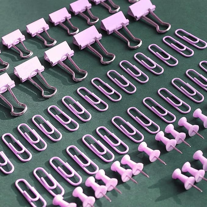 Purple Paper Clips and Binder Clips Set, 216 pcs, Metal Assorted Sized Binders with Push Pins, Cute Office Supplies for Desk, Durable Desk Accessories, 3 Pack