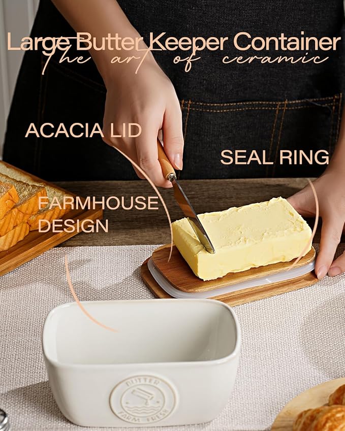 Getstar Ceramic Butter Dish with Acacia Lid for Countertop, Silicone Sealing, Farmhouse Kitchen Counter Decor, Large Butter Keeper Container (6.5”x4”)