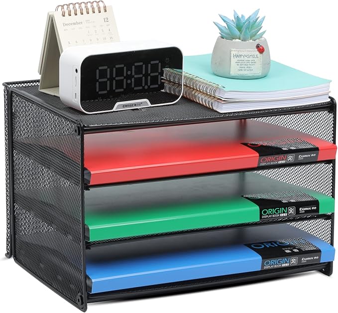 Samstar 2 Pack Paper Letter Tray, 3-Tier Desk File Organizer Paper Sorter Letter Shelf Rack, Mesh Made,Black