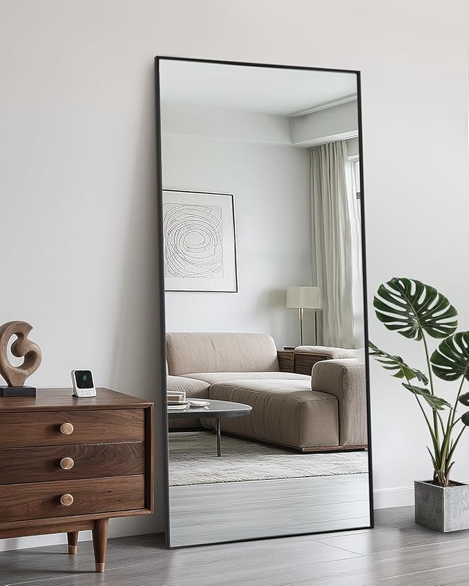 Full Length Mirror, 71"x26" Oversized Floor Mirror Freestanding, Full Body Mirror Floor Standing Mirrors with Stand, Hanging Mounted Mirrors for Bedroom Living Room, Black, Rect Style
