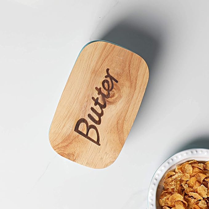 Ceramics Butter Dish with Wooden Lid- Large Covered Butter Holder for Countertop, Butter Keeper Container Perfect for Holds 2X 4oz West/East Coast Butter, Turquoise