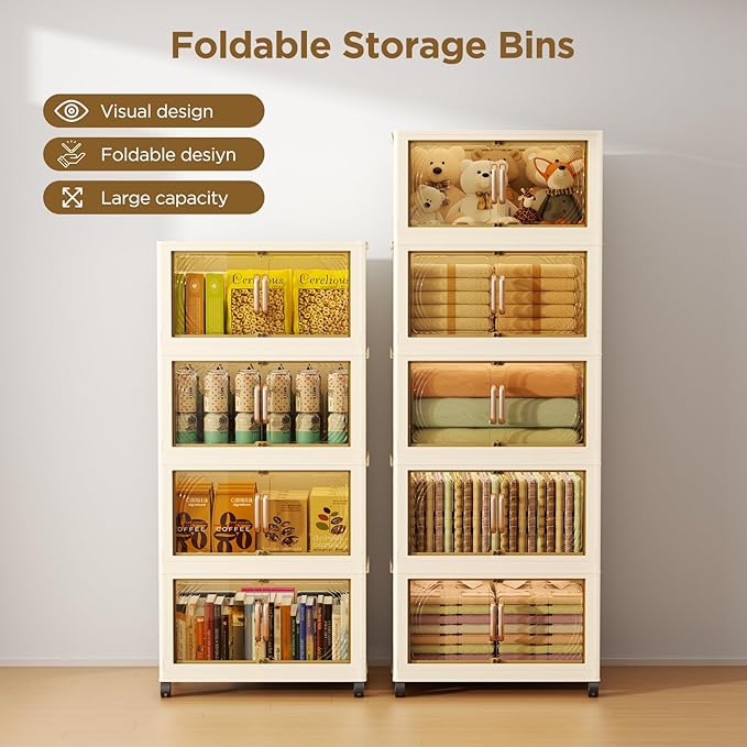 102QT Plastic 5 Tier Storage Bins with Lids,Folding Storage Box with Doors and Wheels Stackable Storage Bins,Closet Organizers and Storage for Living Room,Office,Dorm