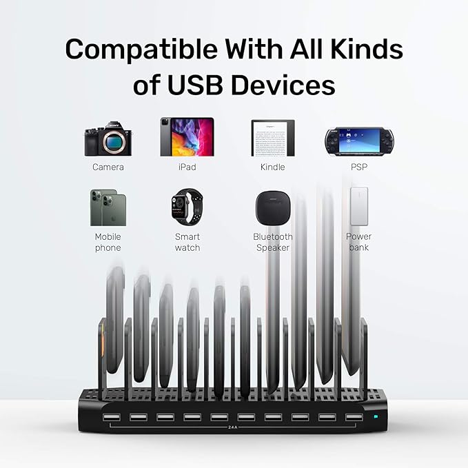 【10PCS】 Unitek Multi Charging Station, 10-Port USB Charger for Multiple Device with SmartIC Tech and Adjustable Dividers, Organizer Stand Compatible with iPad, Tablet, iPhone - 10PCS, White