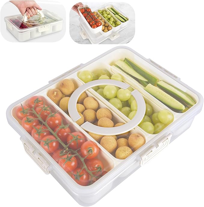 Snackle Box Container,Divided Serving Tray with Lid,4 Compartment Travel Snack Container,Fruit Veggie Tray with Lid for Fridge Fresh Keeping,Multipurpose Storage Box for Picnic,Party,Travel