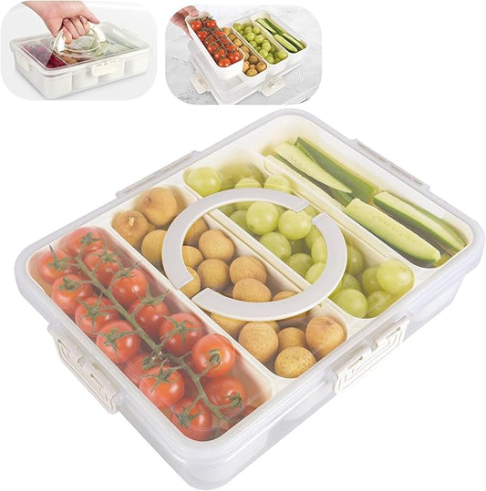 Snackle Box Container,Divided Serving Tray with Lid,4 Compartment Travel Snack Container,Fruit Veggie Tray with Lid for Fridge Fresh Keeping,Multipurpose Storage Box for Picnic,Party,Travel