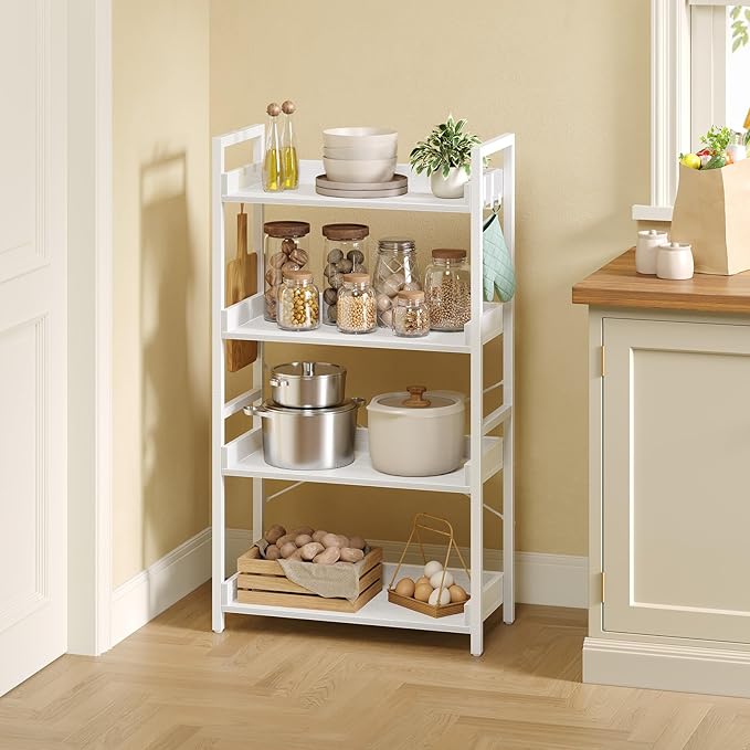 Rolanstar Bookshelf 4 Tier with 4 Hooks, Industrial Wood Bookcase, Vintage Storage Rack with Open Shelves, Rustic Standing Bookshelves Metal Frame Display Rack for Living Room, Bedroom, White