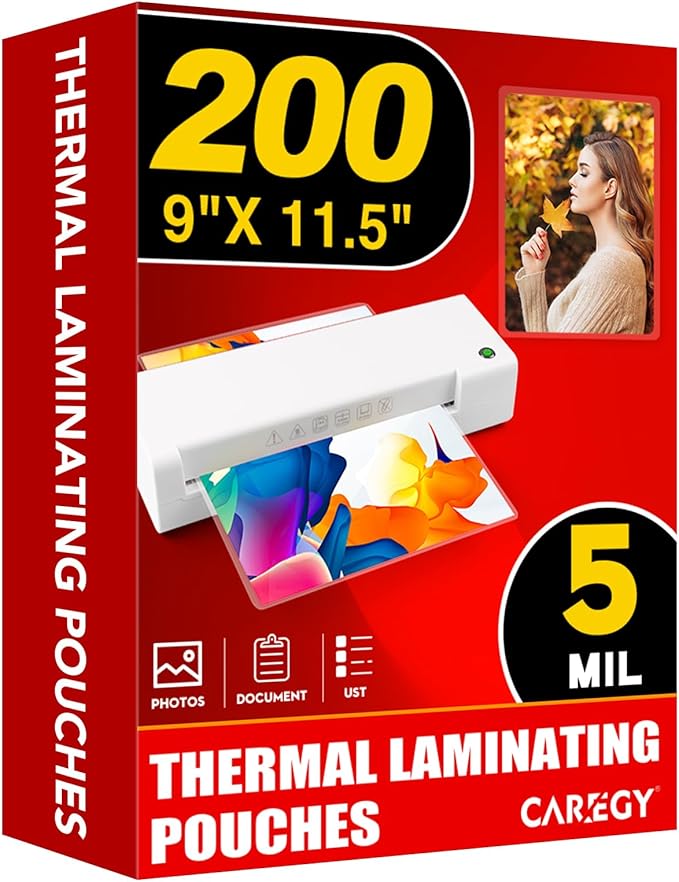 CAREGY 5 Mil Thermal Laminating Pouches (200 Pack) - 9x11.5 Inch Laminating Sheets for 8.5x11 Documents, Clear,Office & School Laminator Supplies