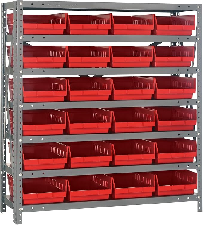 Quantum Storage Systems 1239-107RD Solid Heavy Duty 7 Shelves 24 Economy Red Bins 39" H x 36" W x 12" D