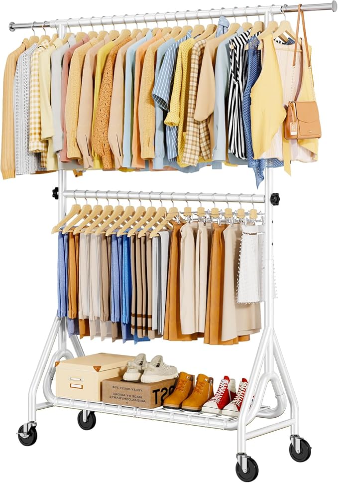 Double Rods Clothing Rack, Heavy Duty Clothes Rack for Hanging Clothes Load 560LBS, Metal Rolling Garment Racks with Wheels, Freestanding Clothes Hanging Racks, White
