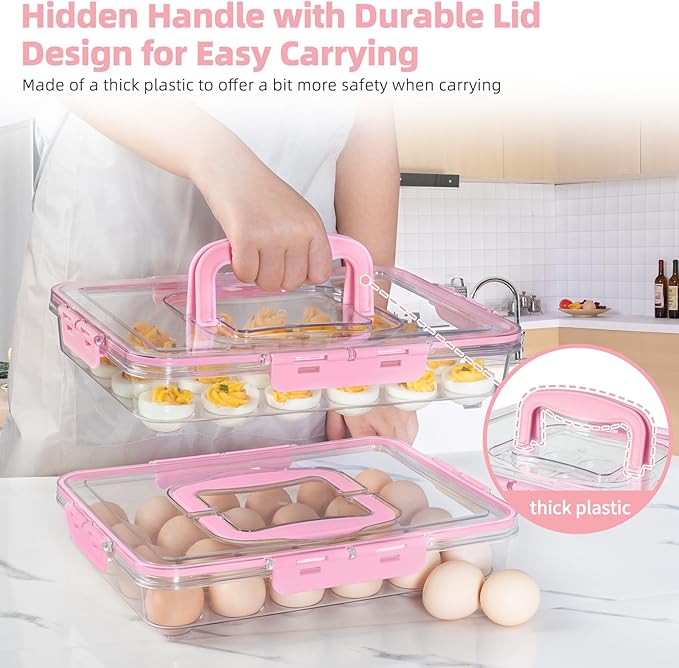 Deviled Egg Containers with Lid and Handle, Durable Clear Plastic Deviled Egg Carrier Storage 24 Eggs, Stackable Egg Holder for Fridge, Portable Tray Platter for Party & Picnics-1 Pack Pink