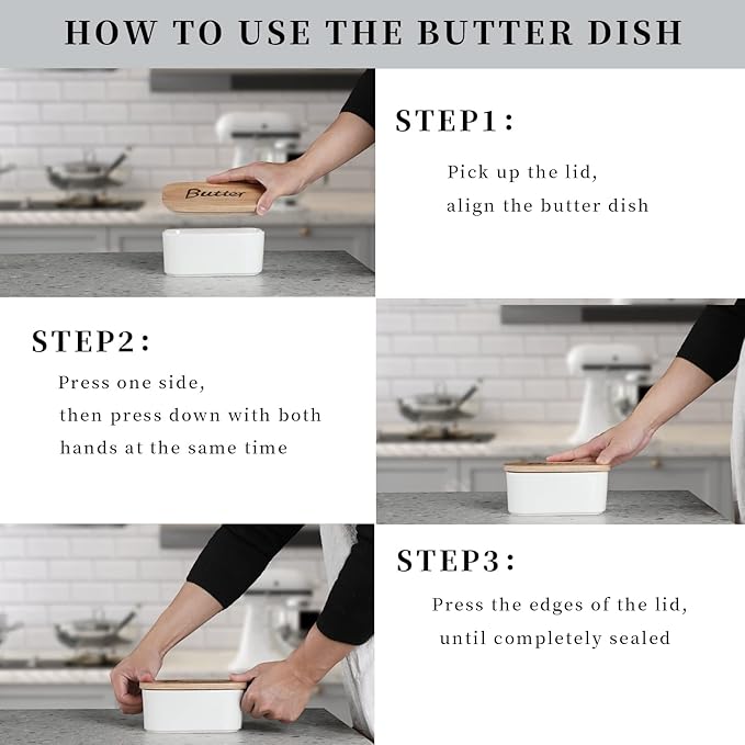 GDCZ Ceramics Butter Dish with Wooden Lid- Large Covered Butter Holder for Countertop, Butter Keeper Container Perfect for Holds 2X 4oz West/East Coast Butter, White