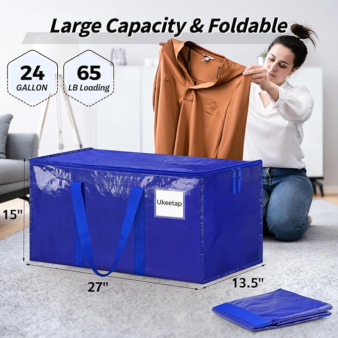 8 Pack Extra Large Heavy Duty Moving Bags, Blue Storage Bins with Lids, Reinforced Handles & Heavy-Duty Zippers Moving Boxes Storage Bags Totes for Clothes Packing, Dorms, College Supplies, Blue