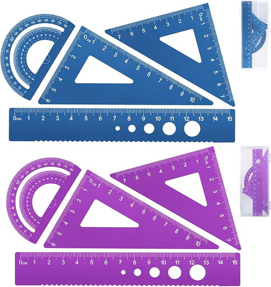 Honagu Triangular Ruler Set, 8 Pieces/2 Sets Aluminum Alloy Ruler, Metal Drafting Ruler, Geometric Protractor for Students, Draftsmen, Engineers, School Office Supplies (Blue+Purple)