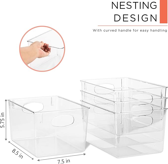 Sorbus Medium Clear Plastic Storage Bins for Shelves, Clothes, with Handle - Clear Storage Bins, Drawer, Shelf, Closet, Pantry, Fridge, Freezer Organizer Bins, Closet Organizers and Storage (4 pack)