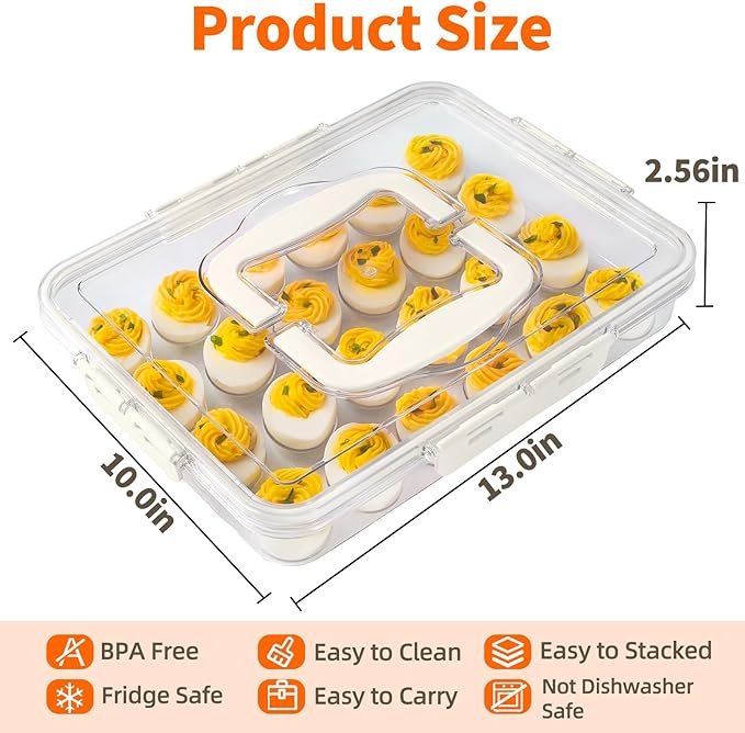 Deviled Egg Containers with Lid and Handle, Durable Clear Plastic Deviled Egg Carrier Storage 24 Eggs, Stackable Egg Holder for Fridge, Portable Tray Platter for Party & Picnics-1 Pack White