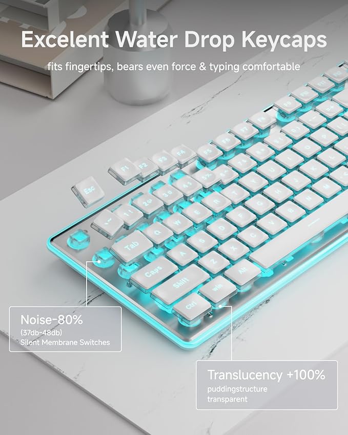 EWEADN V3 Wireless Keyboard and Mouse with Blue Backlit, Metal Panel, Bluetooth/2.4G Rechargeable Computer Keyboard and Mouse Combo Silent Lighted Full Size Cute Keyboards-White