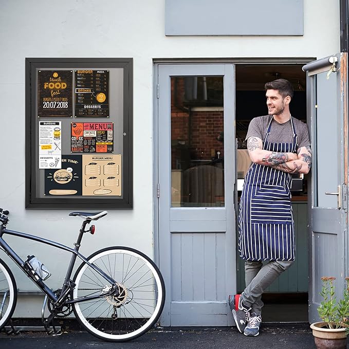 Enclosed Bulletin Board Outdoor Noticeboard with Locking Door, Weather-Resistant, Grey Felt, Black Aluminum Frame, 36 x 24 in