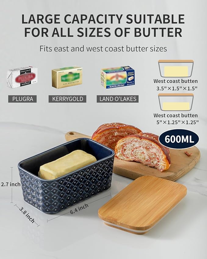 Hasense Ceramic Butter Dish with Lid, Large Butter Container for Countertop Airtight Butter Stick Covered Keeper,Navy Blue Embossed Pattern,Easy Clean Dishwasher Safe