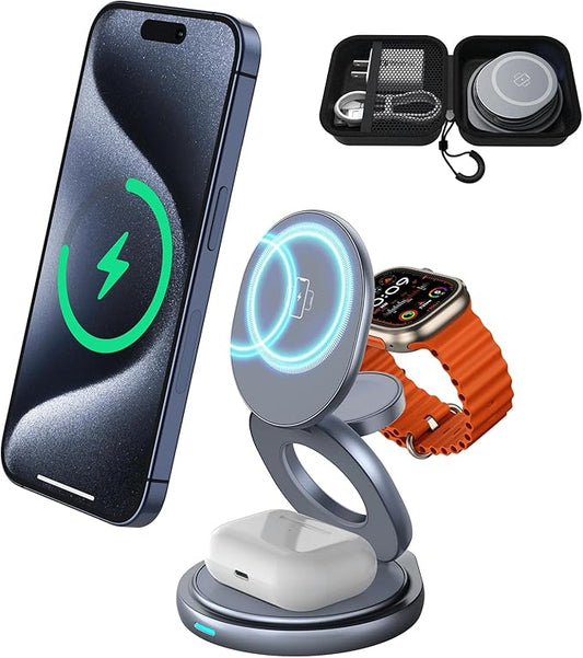 3 in 1 Wireless Charging Station for Apple Travel Charger for Multiple Devices Aluminum Alloy Foldable Magnetic Magsafe Charger 360 Rotating for iPhone 17/16/15/14/13/12 Series,for iWatch,for Airpods
