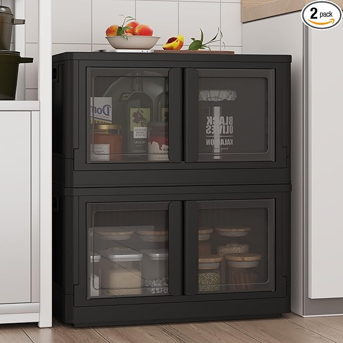 FLEXIMOUNTS 152 QT Stackable Storage Bins With Lids, Collapsible Plastic Storage Bins, Closet Organizers and Containers with Doors and Built-in Wheels For Home, 2 Pack Cubes, Milky White