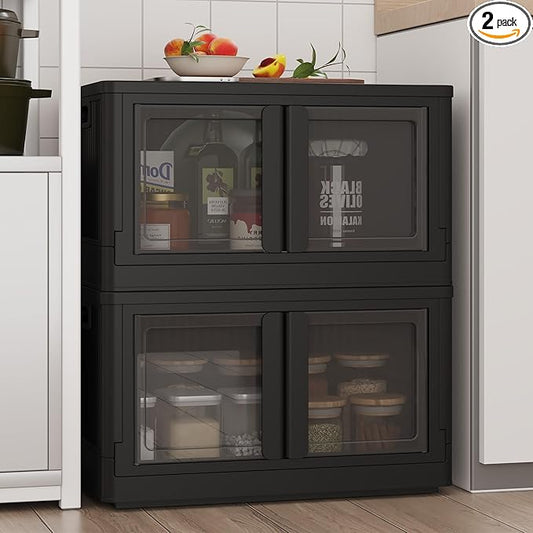 FLEXIMOUNTS 152 QT Stackable Storage Bins With Lids, Collapsible Plastic Storage Bins, Closet Organizers and Containers with Doors and Built-in Wheels For Home, 2 Pack Cubes, Milky White