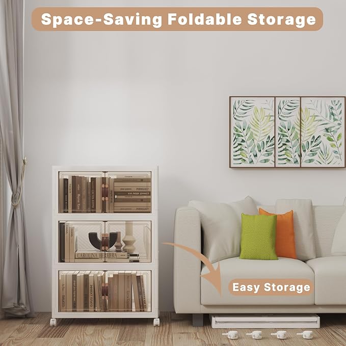 Extra Large Stackable Storage Bins with Lids & Wheels, Foldable Collapsible Closet Organizers Storage Cabinet with Doors for Bedroom Dorm (White, 165QT-55QT/14GAL*3Pack)