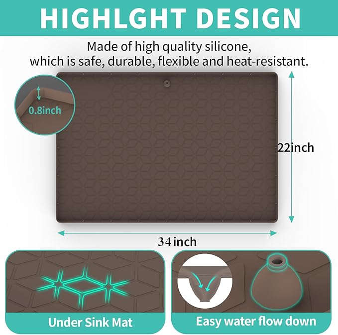 Under Sink Mat for Kitchen, Silicone Waterproof Liner with Drain Hole, Flexible Cabinet Organizer Tray, Holds Up to 3.3 Gallons, Easy to Clean (Brown, 34x22)