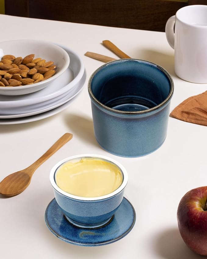 French Butter Dish, Butter Crock for Counter with Water Line, Ceramic Butter Keeper for Spreadable Butter - Chrismas Gift Home Kitchen Decor - Reactive Glaze Collection - Blue