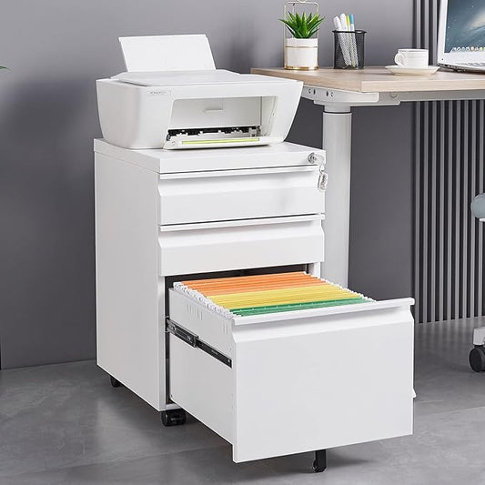 3-Drawer Lockable Mobile File Cabinet – Metal A4/Letter/Legal Size Storage for Home/Office, Pre-Assembled, Space-Saving Under-Desk Cabinet with Wheels (White)