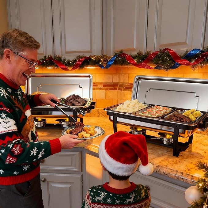 sifer 9Qt 4Pack Chafing Dishes for Buffet [Multi-Size Food Pans] | Chafing Dishes with Screwless Assembly & Stackable [Easy to Store] Design for Wedding/Home/Christmas Buffets, Black