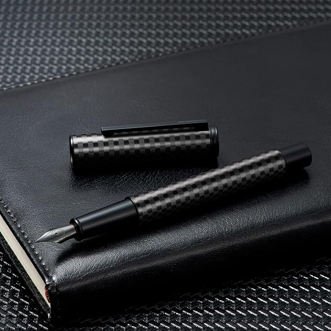 Hongdian Black Carbon Fiber Fountain Pen Extra Fine Nib Elegant Design Smooth Writer with Refillable Converter and Metal Pen Case Set