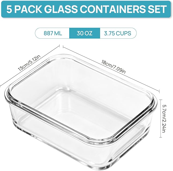 Vtopmart 5Pack 30oz Glass Storage Containers with Lids, Glass Meal Prep Food Container Sets with Snap Airtight Lids for Microwave, Oven, Freezer and Dishwasher, Grey