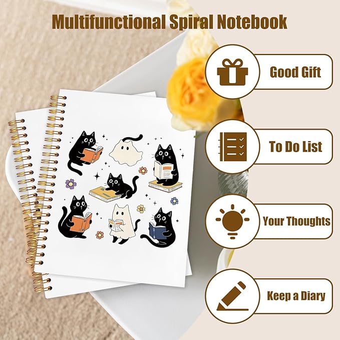 WUCHJ Halloween Ghost Black Cat Notebook, Cat Reading Journal for Book Lovers, Spooky Ghost Bookish Spiral Notebook Journal for Note Taking, Book Lover Gifts, Halloween Office Supplies, 5.5x8.3 Inch