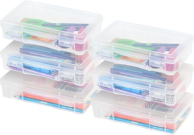 IRIS USA Pencil Case Boxes, 6-Pack, |Made in USA|, Plastic Bead Organizing Containers with Snap Lid for Arts, Crafts, Ephemera, Stickers, & Dance Cheer, Clear - Medium