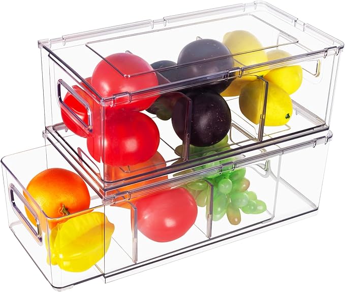 2 Pack Kitchen Storage Drawers Stackable Refrigerator Organizer Bins with Pull-out Drawer, Drawable Clear Fridge Drawer Organizer with Handle, Plastic Kitchen Pantry Storage Containers(2medium)