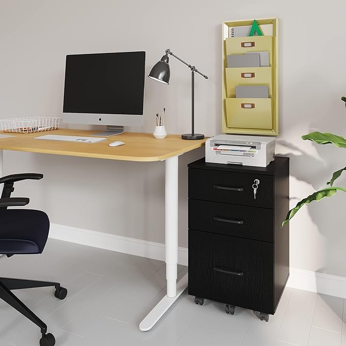 File Cabinet with Lock,3 Drawer Wood Rolling Filing Cabinets Under Desk for Home Office, Office Storage Cabinet fits Letter/A4 Size,Mobile Filing Cabinet Printer Stand,Black