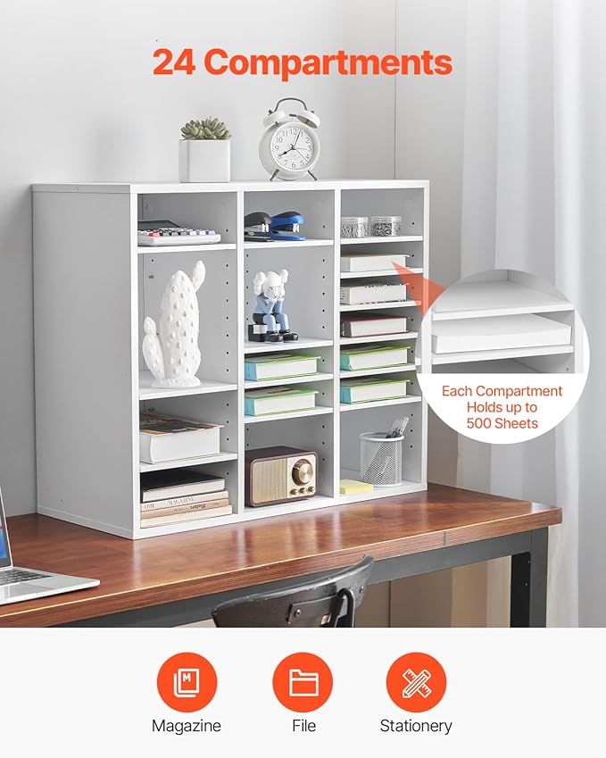 VEVOR Literature Organizer, 24 Compartments Office Mailbox with Adjustable Shelves, Wooden Mailbox Sorter Medium Density Fiberboard Office Home Classroom Storage for Files, Documents, Papers, White