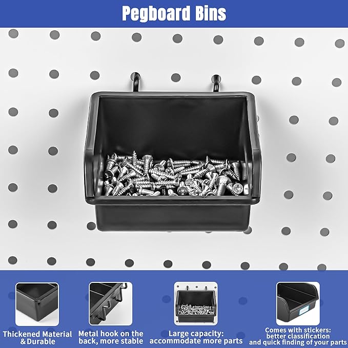 196 PCS Extra Thick 1/4" Pegboard Hooks Set, Heavy Duty Peg Board for Hanging Storage, Black Metal Pegboard Accessories with Pegboard Bins for Garage Wall Organizer