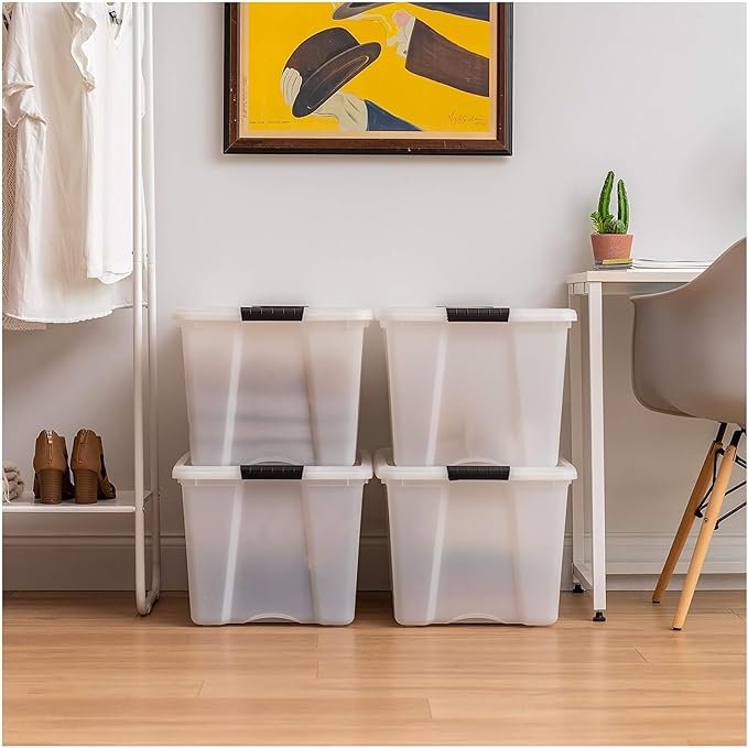 IRIS USA 72 QT Plastic Storage Box with Lid and Latches - 4 Pack - BPA-Free, Discreet Organizing Solution, Durable Nestable Stackable Containers, Secure Pull Handle - Pearl