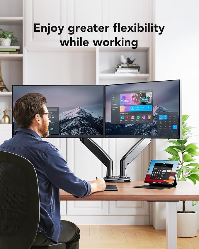 HUANUO Dual Monitor Stand for 13 to 40 inch, Premium Dual Monitor Mount with USB, Height Adjustable Monitor Stand for 2 Monitors, VESA Mount with Clamp/Grommet Base, Each Arm Hold up to 26.4lbs, HNDS7