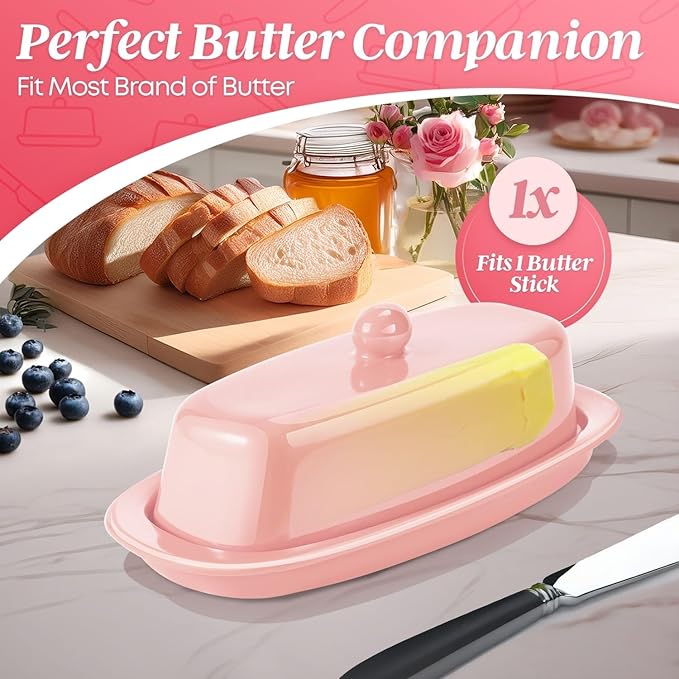 Flexzion Ceramic Pink European Butter Dish with Lid for Countertop (7 Inch) - 1 Stick Butter Holder for Counter, Cream Cheese Container Storage Keeper