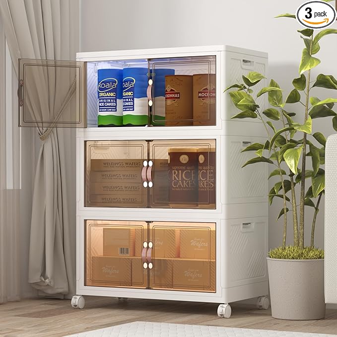 Extra Large Stackable Storage Bins with Lids & Wheels, Foldable Collapsible Closet Organizers Storage Cabinet with Doors for Bedroom Dorm (White, 360QT-120QT/30GAL*3Pack)