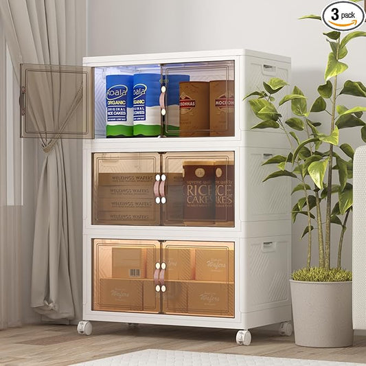 Extra Large Stackable Storage Bins with Lids & Wheels, Foldable Collapsible Closet Organizers Storage Cabinet with Doors for Bedroom Dorm (White, 360QT-120QT/30GAL*3Pack)