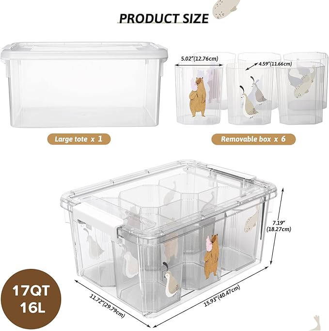 loobuu 17QT Plastic Storage Bins with Lids - 1 Pack Art Craft Supply Organizer Box with Brush Pot for Kids, Stackable Clear Pen Container for Toy/Sewing/Comestic/Tool/Playdoh (1 Pack)