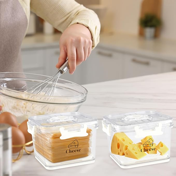 2 Pcs Cheese Container for Refrigerator,Cheese Keeper with Airtight Lid and Time Recording,Cream Block Shredded Cheeses Storage Box,Sliced,Grated,Cheddar Cheeses Box For Fridge,kitchen
