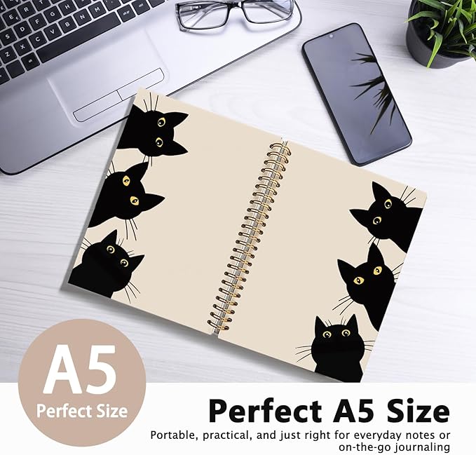 Funny Cat Notebook Journal, Funny Peeking Spiral Notebook, Cat Lover Gifts for Women Men, Black Cat Gifts for Girls, Cat Notepad for School Supplies, Office Supplies 5.5x8.3 Inch