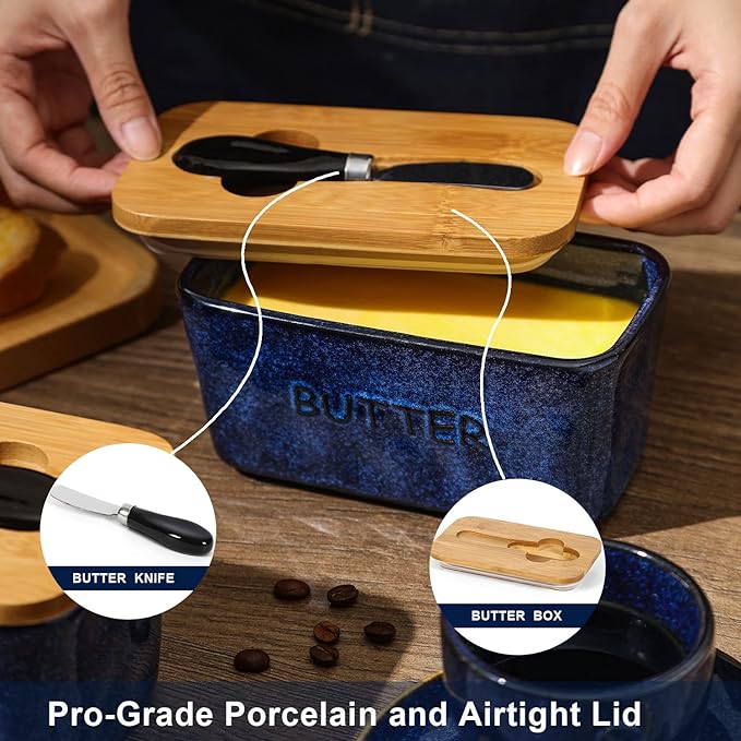Ceramic Butter Dish Keeper Container - Vicrays Porcelain Airtight Lid Butter Container with Knife for Countertop - Large Butter Keeper Crock for West or East Coast Butter - Blue